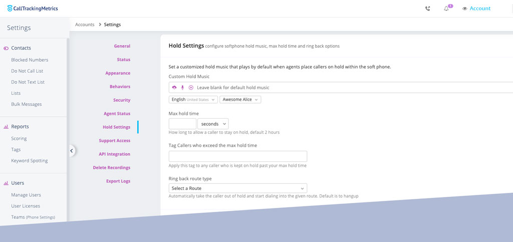 edit hold settings in calltrackingmetrics
