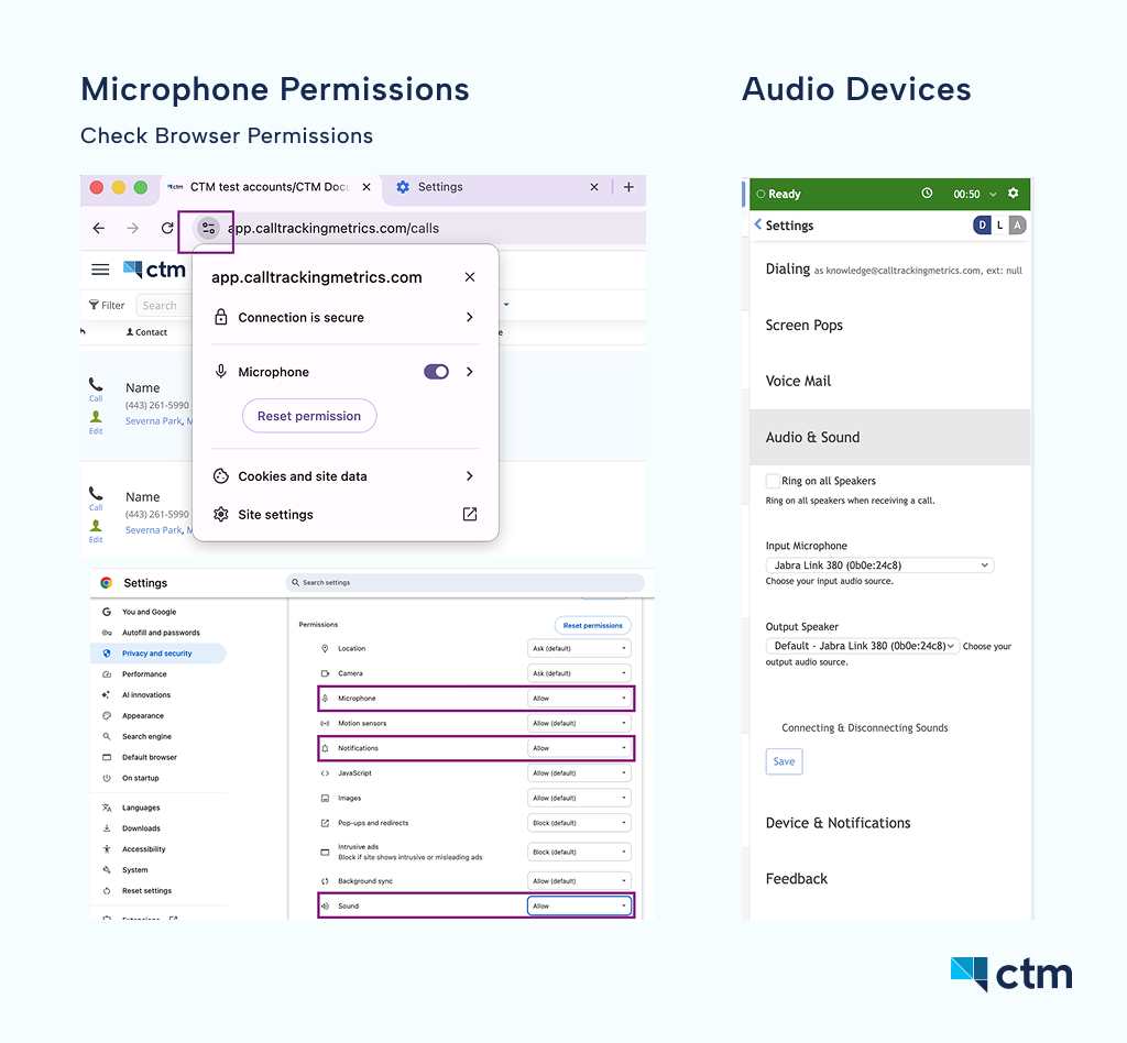 UI images showing how to configure your microphone and audio settings for the CTM softphone v2.