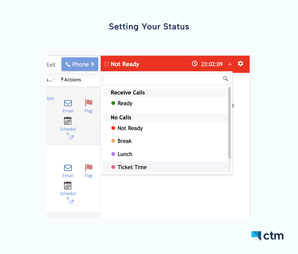 UI image showing how to set and customize your status for the CTM softphone v2.
