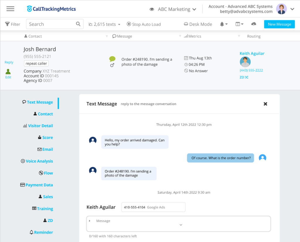 sample text conversation in calltrackingmetrics