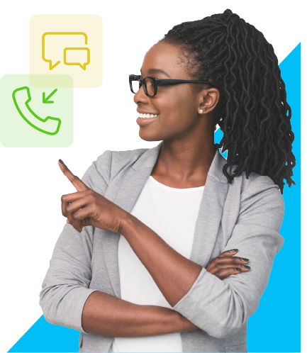 a woman points at an icon of a phone call