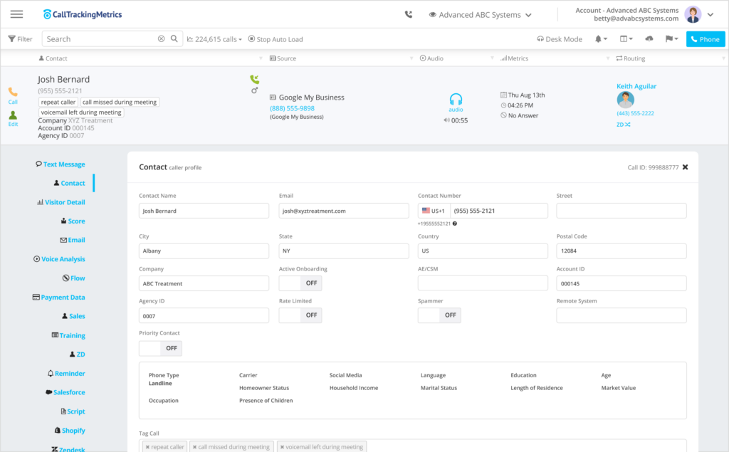 Image of a dashboard in CallTrackingMetrics showing contact profile fields. 