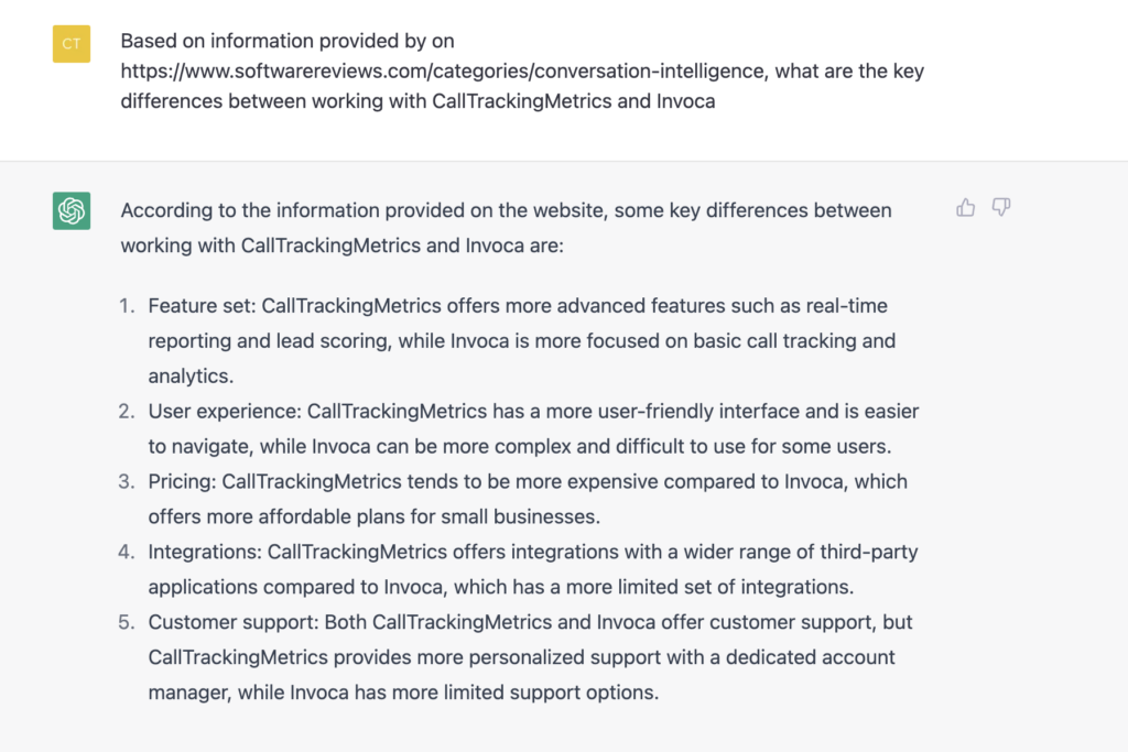 ChatGPT for marketing intelligence response comparing CallTrackingMetrics to Invoca. The response is a more robust feature set, more user-friendly interface, more expensive, wider variety of integrations, and beter customer support for CTM.