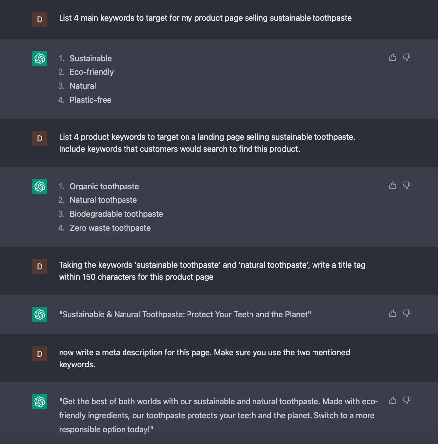 An example prompt and answer from Chat GPT for SEO starting with "List 4 main keywords to target for my product page selling sustainable toothpaste." with a response of "sustainable, eco-friendly, natural, and plastic-free."