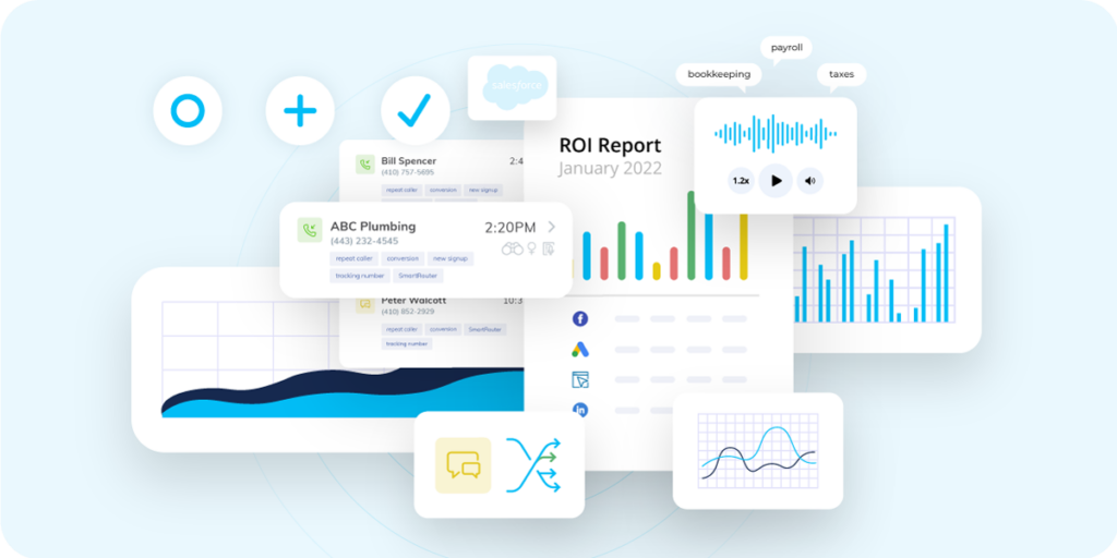 Blue scale charts and numbers to demonstrate a robust level of data you can get from call tracking for SEO.