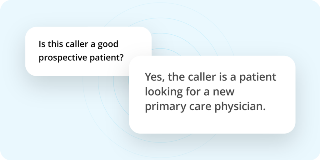 Two talk bubbles showing an example of AskAI, a CallTrackingMetrics tool. 