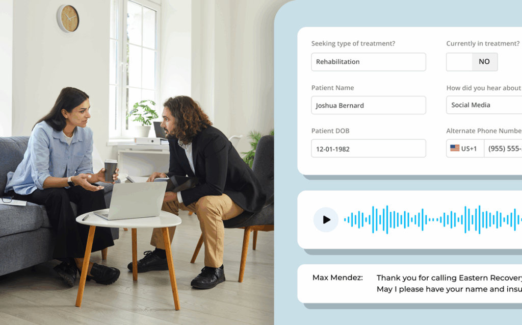 behavioral healthcare clinic staff discussing calls with sample call data pulled up