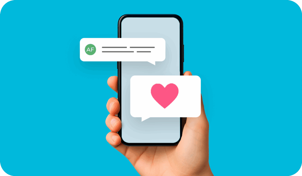 phone overlaid with call transcript example message and heart