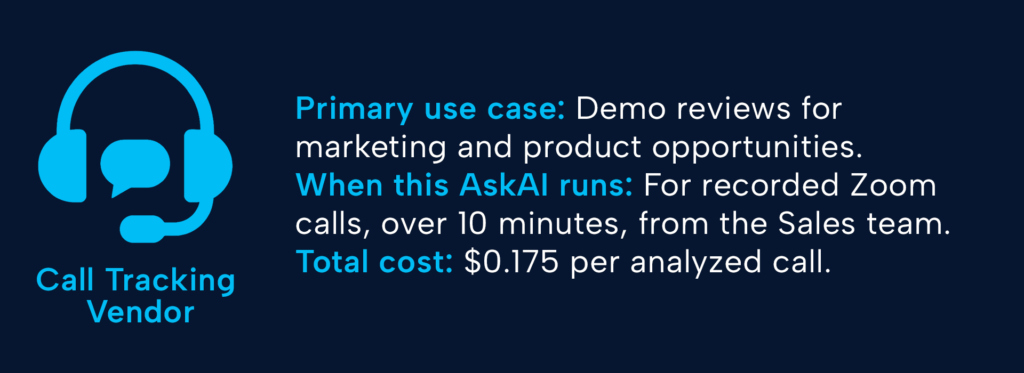 Primary use case: Demo reviews for marketing and product opportunities
When this AskAI runs: For recorded Zoom calls, over 10 minutes, from the Sales team. 
Total cost: $0.175 per analyzed call
