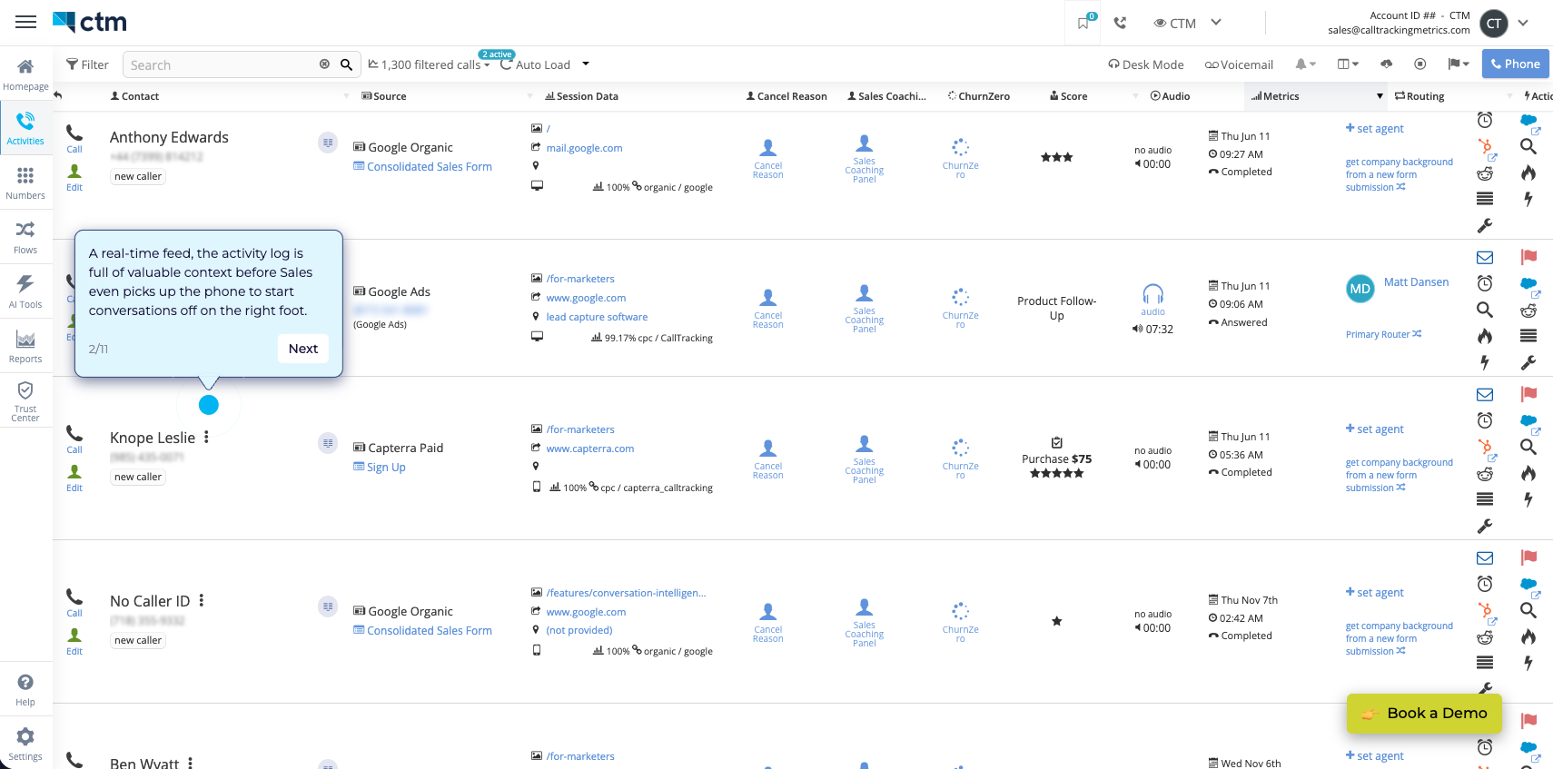 Interactive demo of CTM's Home Services solution showing call tracking, AI automation, and customer communication workflows.