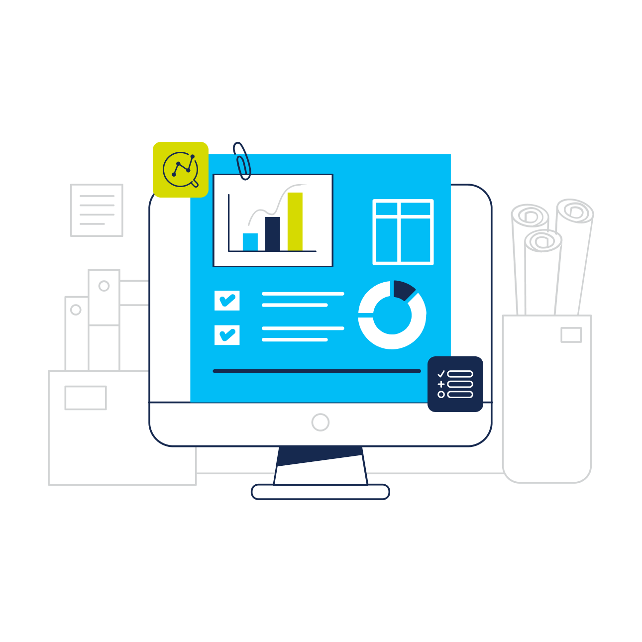 image of desktop displaying analytics, tagging, and analytics icon.