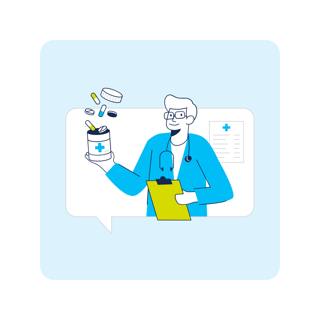 illustration of a doctor holding medication and a board for healthcare
