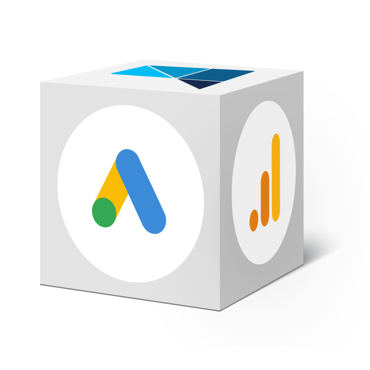 Image of dice block with CTM logo, Google Analytics, and Google Ads