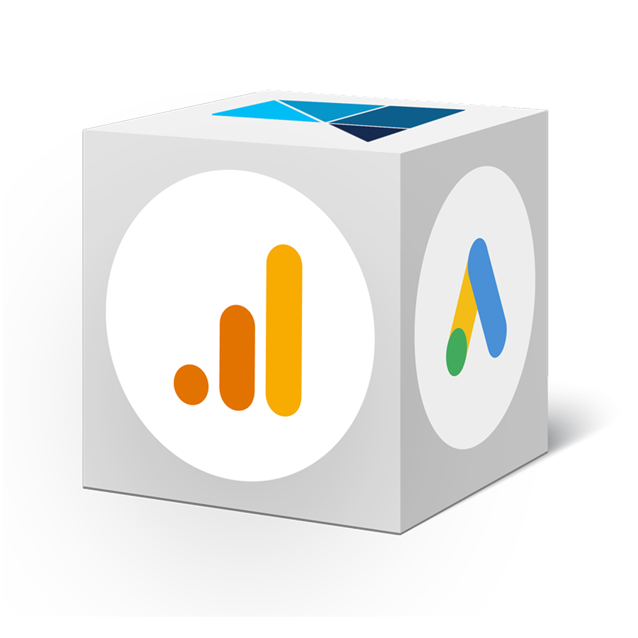 Image of dice block with CTM logo, Google Analytics, and Google Ads
