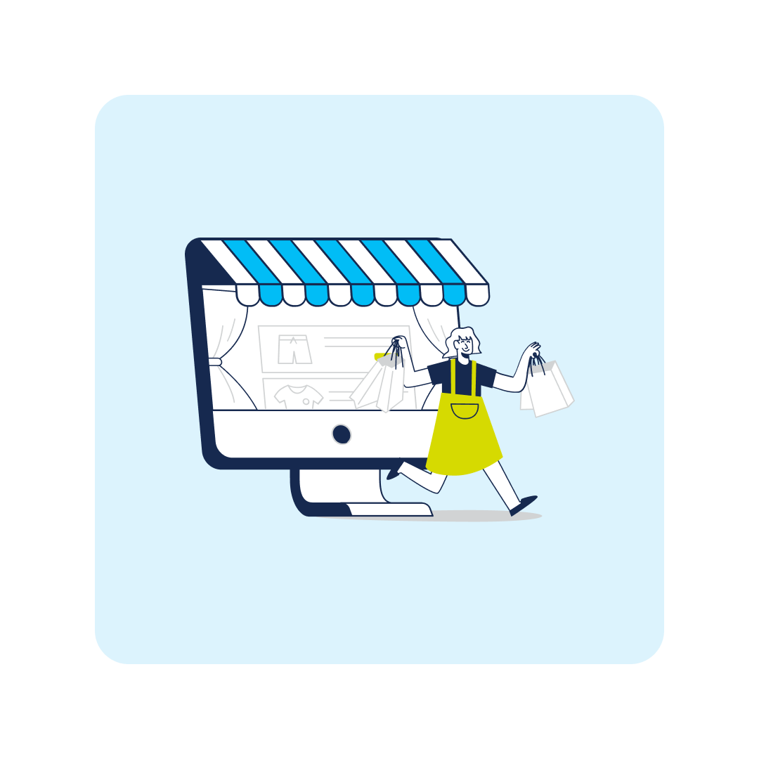 illustration of ecommerce store depicted inside computer monitor with person walking out with their purchases