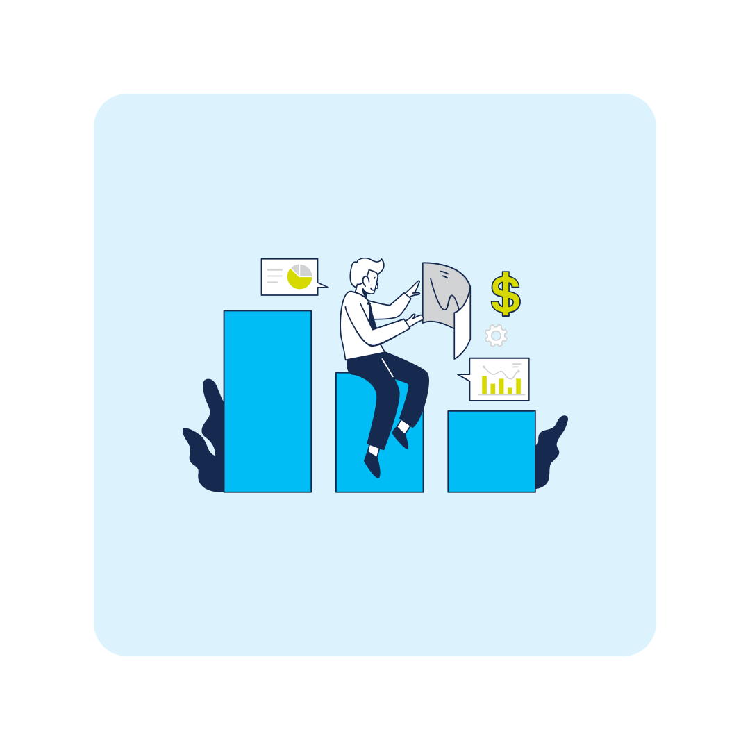illustration of a person sitting on bar graph analyzing financial data