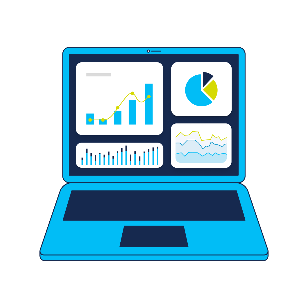 Illustration of a laptop monitor with dashboard for reporting and analytics